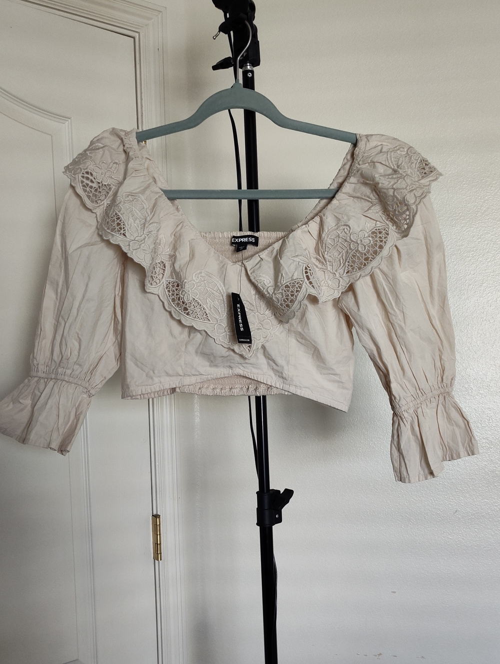 Express Cream Lace-Trim Off-Shoulder Cropped Blouse